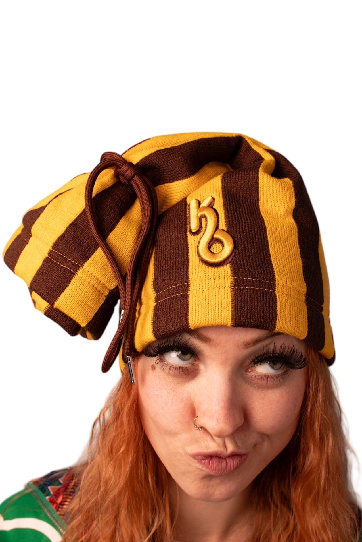 帽子 [Archive]90s Lotto 3line Beanie Brown & Yellow 90s Tied Hat & Neck Warmer - Satin Lined | Retro