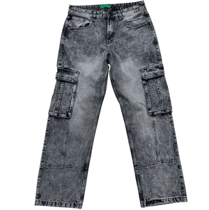 Black Acid washed Denim Cargo Jeans - Kulture Original